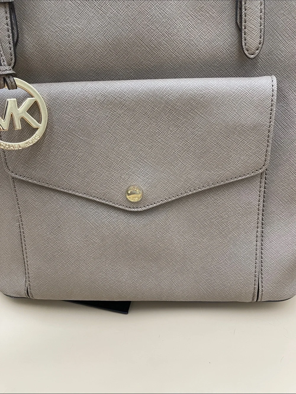 Michael Kors Gray Saffiano Tote with Front Pocket and MK Charm Beautiful Bag